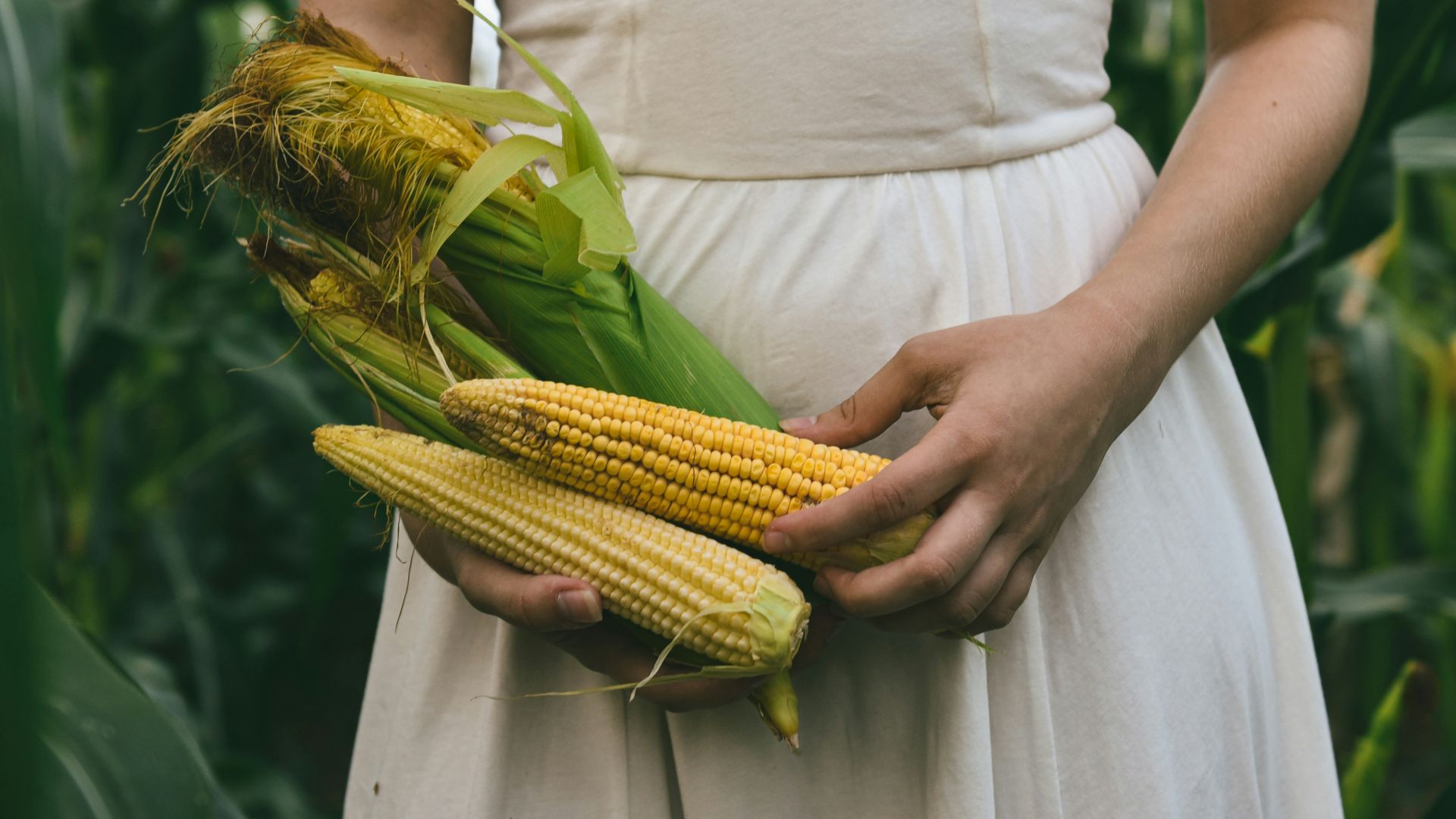 a woman in a white dress holding a corn cob