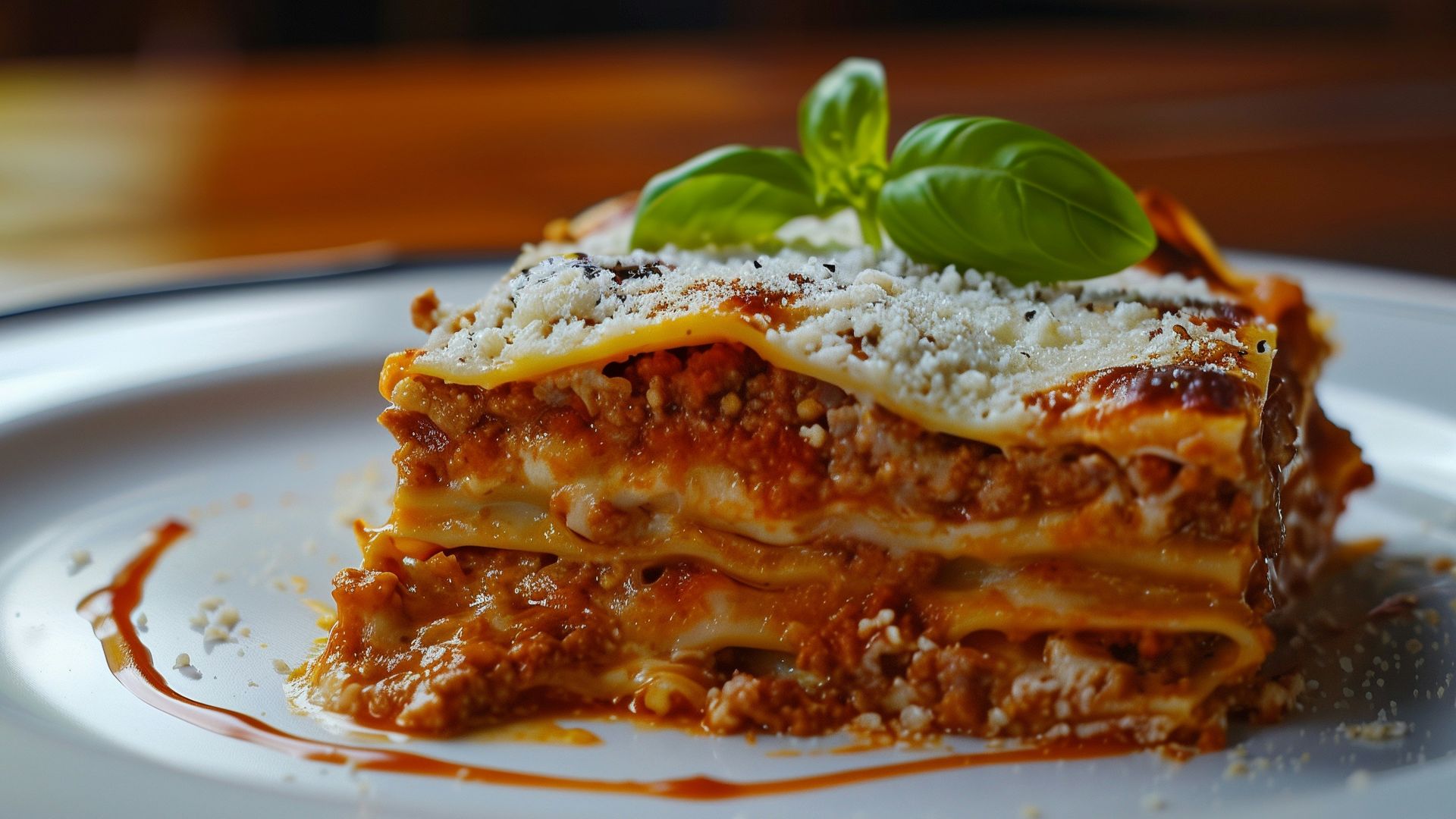 a white plate topped with lasagna covered in sauce