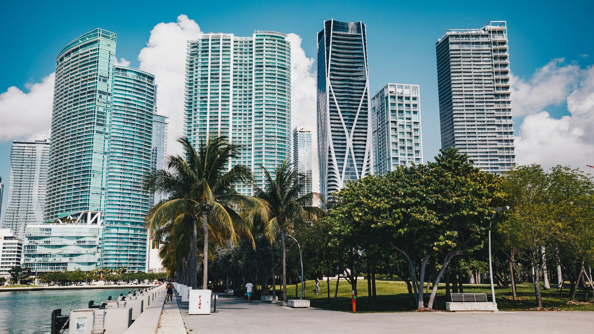 Skyscrapers and palm trees under a bright blue sky.