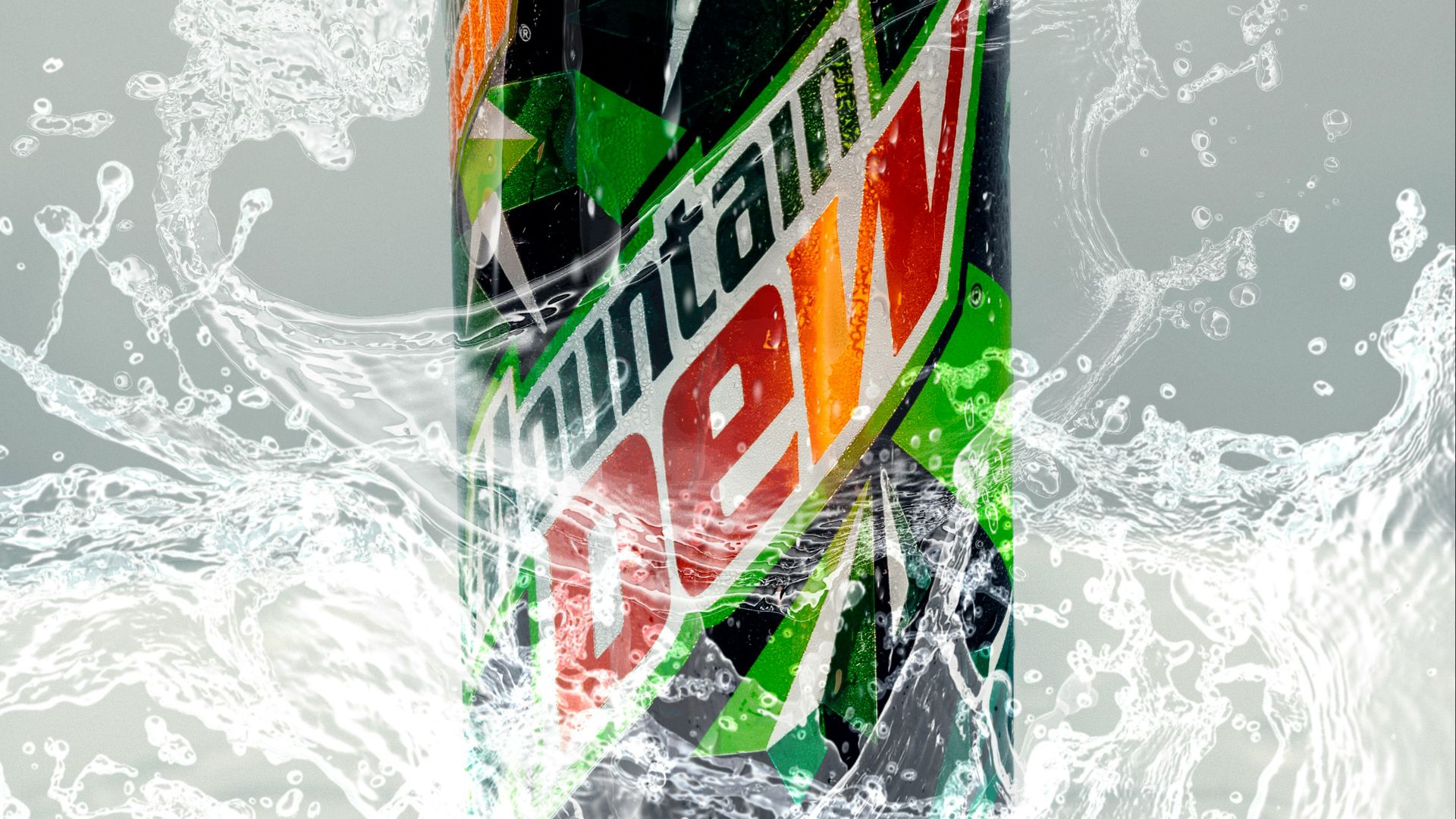 a can of mountain dew surrounded by water