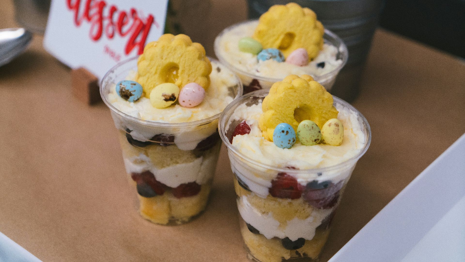 Delicious layered desserts are ready for enjoyment.