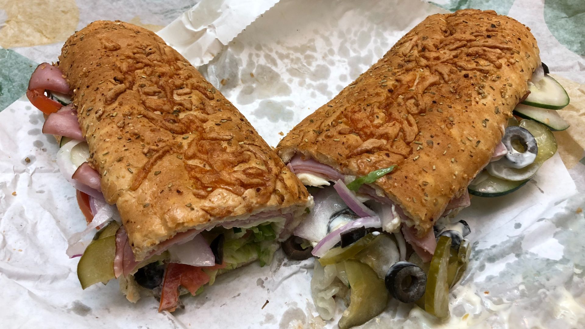 File:2019-10-19 19 31 55 A black forest ham foot-long sandwich from Subway with American cheese, black olives, cucumbers, lettuce, pickles, tomatoes, red onions, regular mayonnaise, oil, red wine vinegar.jpg