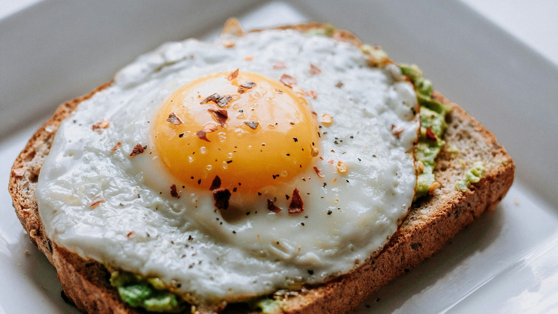 bread with sunny side-up egg served on white ceramic plate