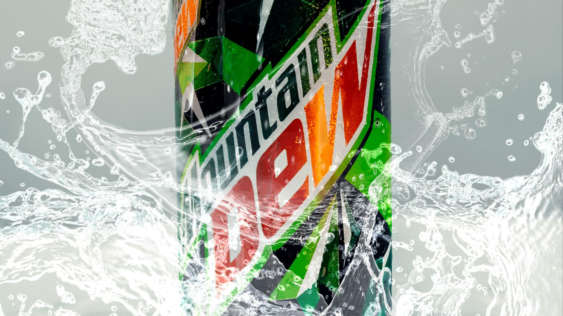 a can of mountain dew surrounded by water