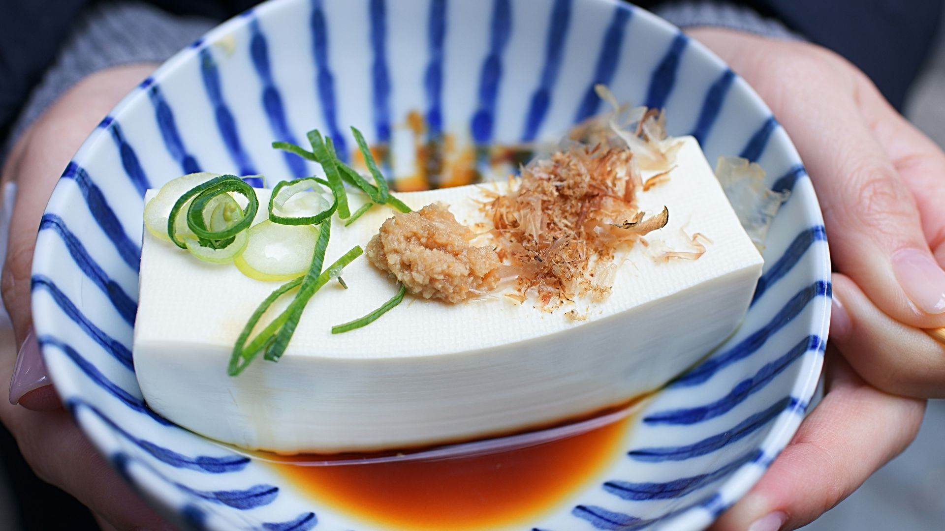 person holding white and blue ceramic plate with rice and sliced cucumber