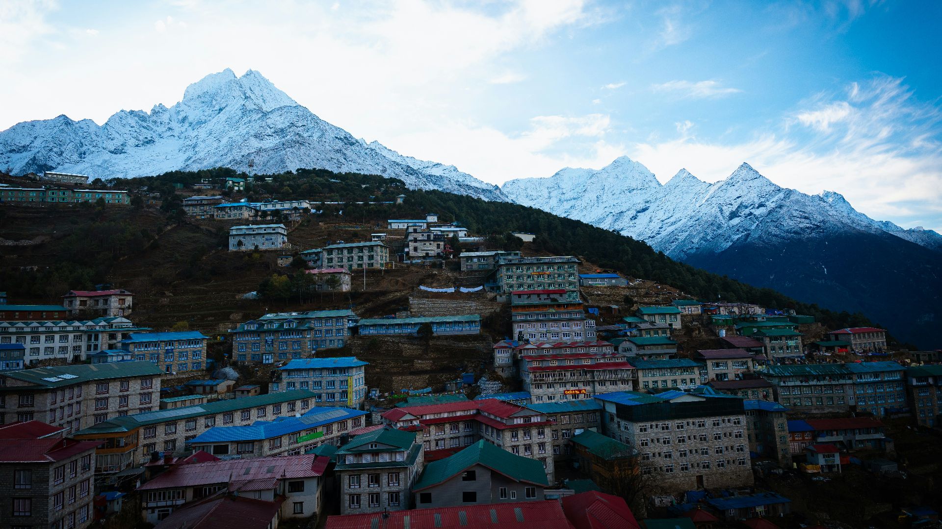 A mountain town nestled under snow-capped peaks.