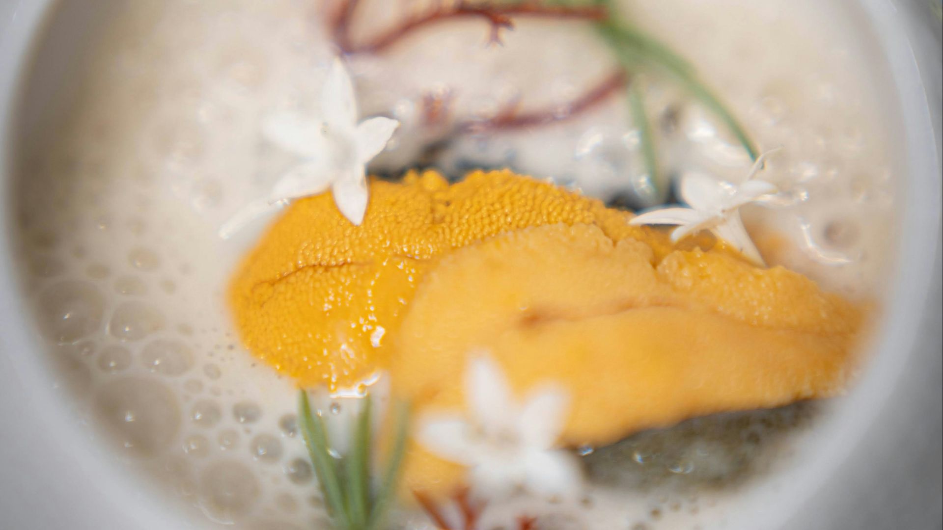 Gourmet seafood dish with uni and edible flowers.