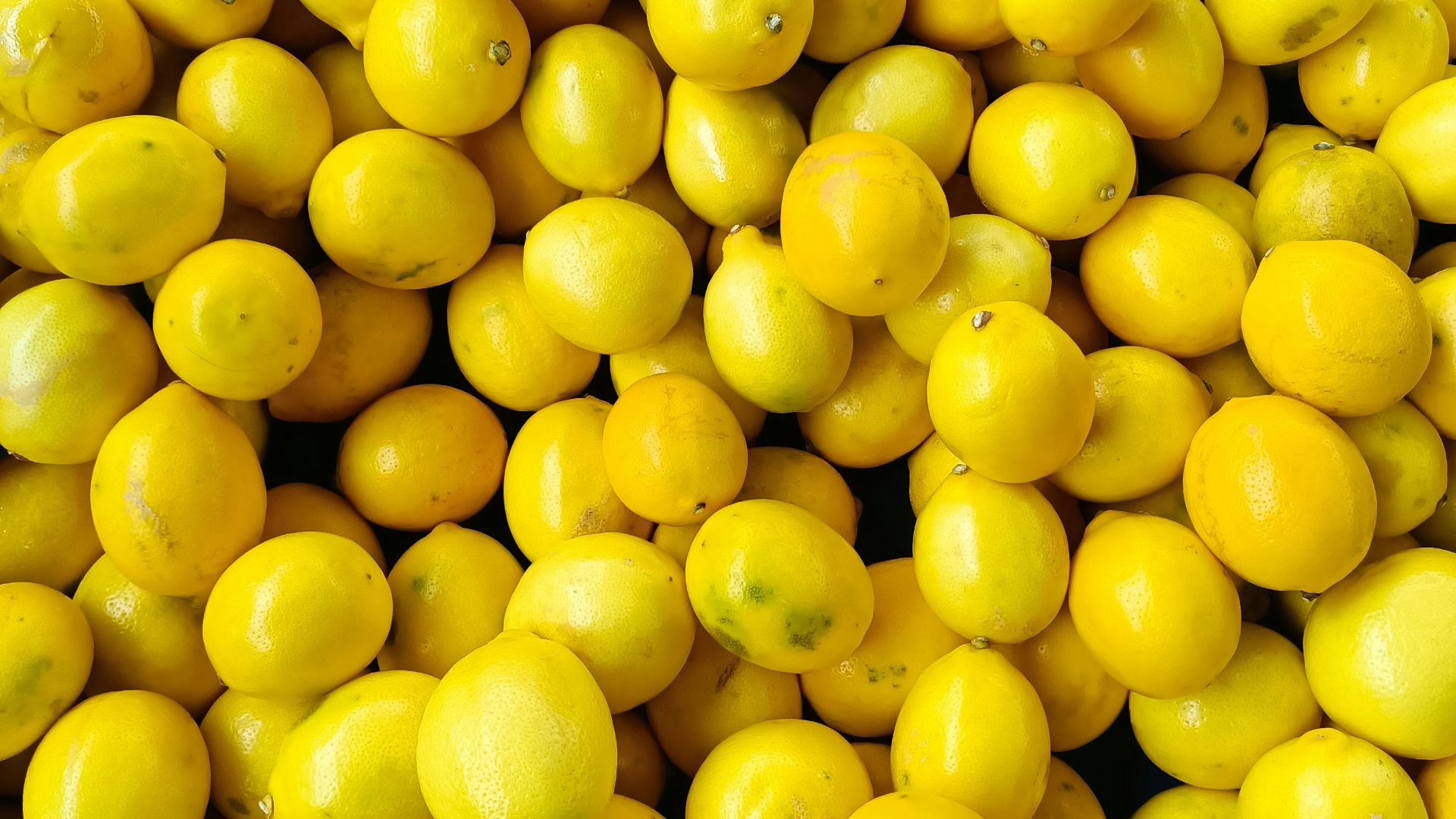 Many bright, yellow lemons are piled together.