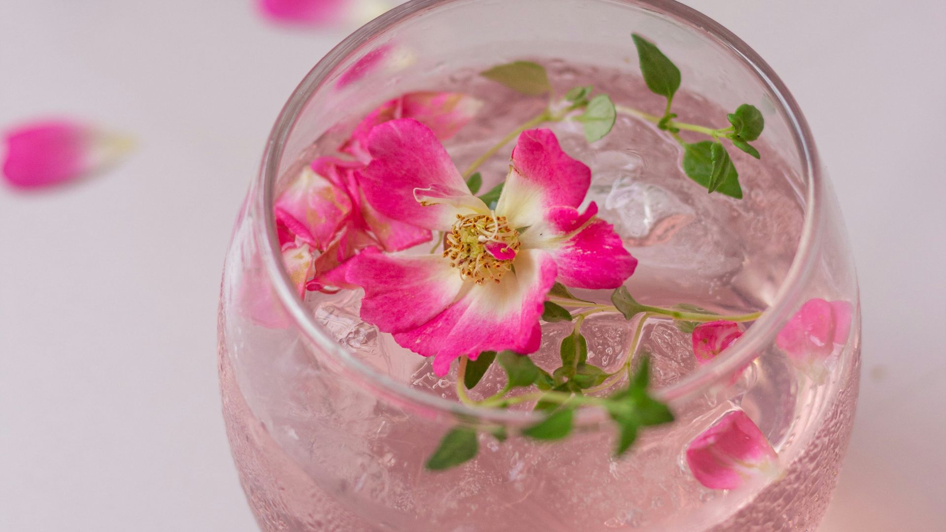 a glass filled with water and pink flowers