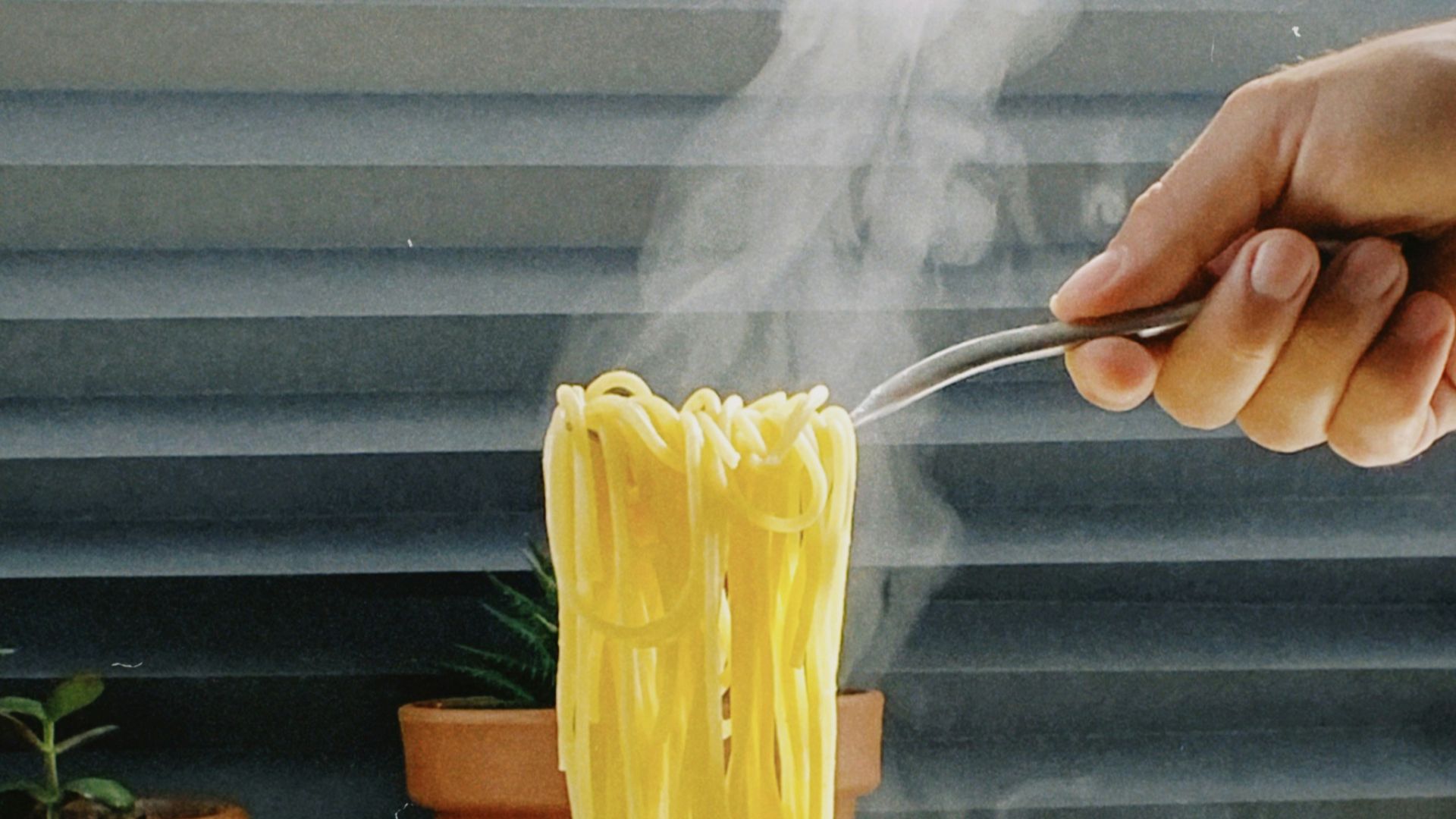 a person is holding a fork full of spaghetti