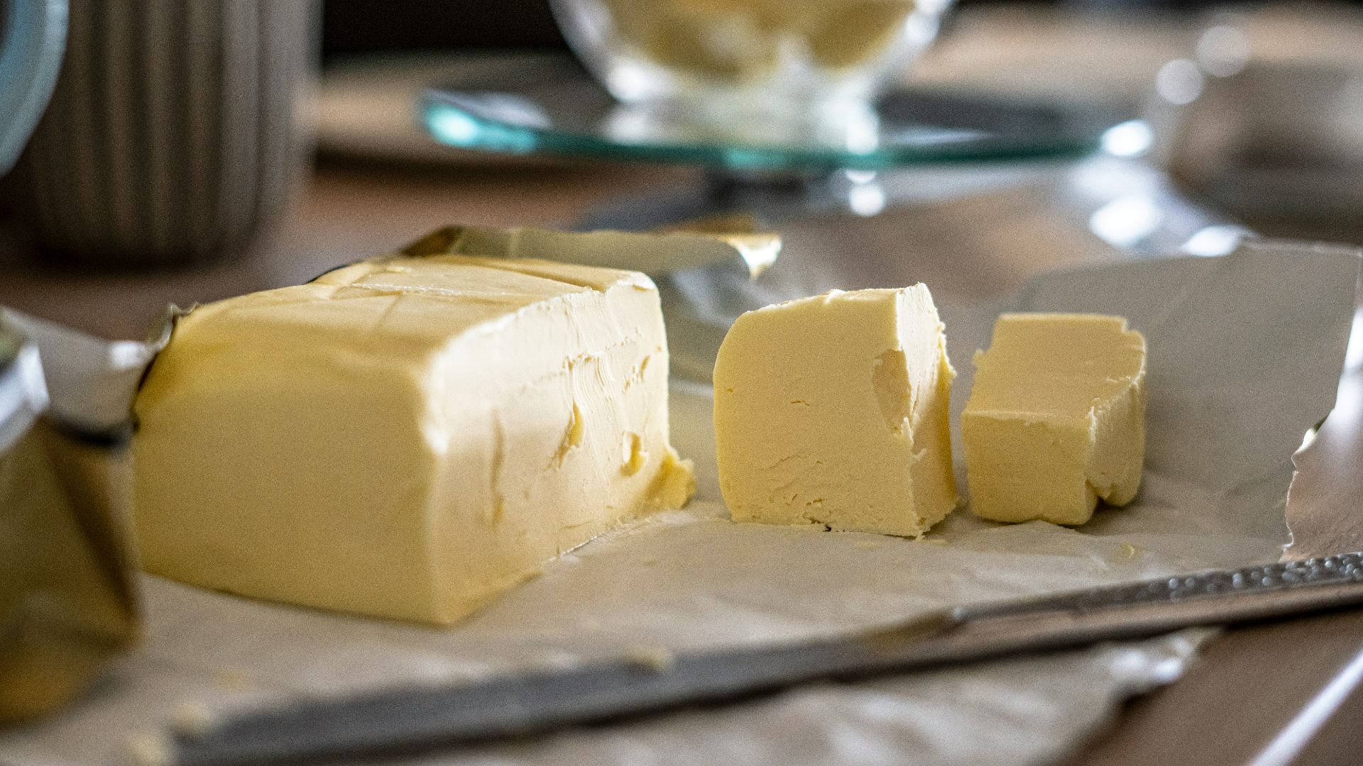 sliced cheese on clear glass plate