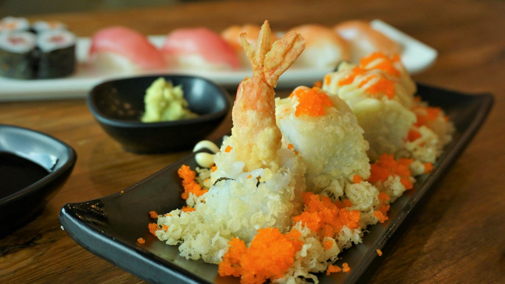 shrimp sushi on platter