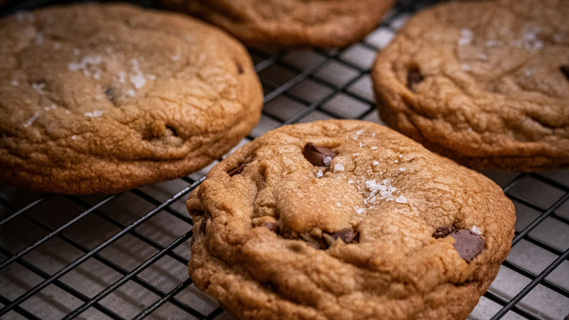 chocolate chip cookies cooling on a wire rack