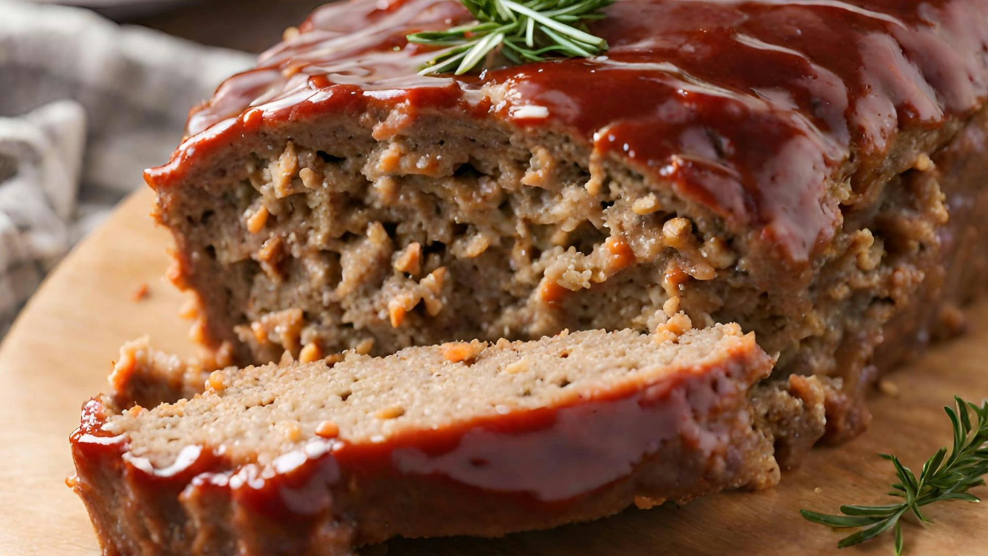 a loaf of meatloaf on a cutting board with a sprig of