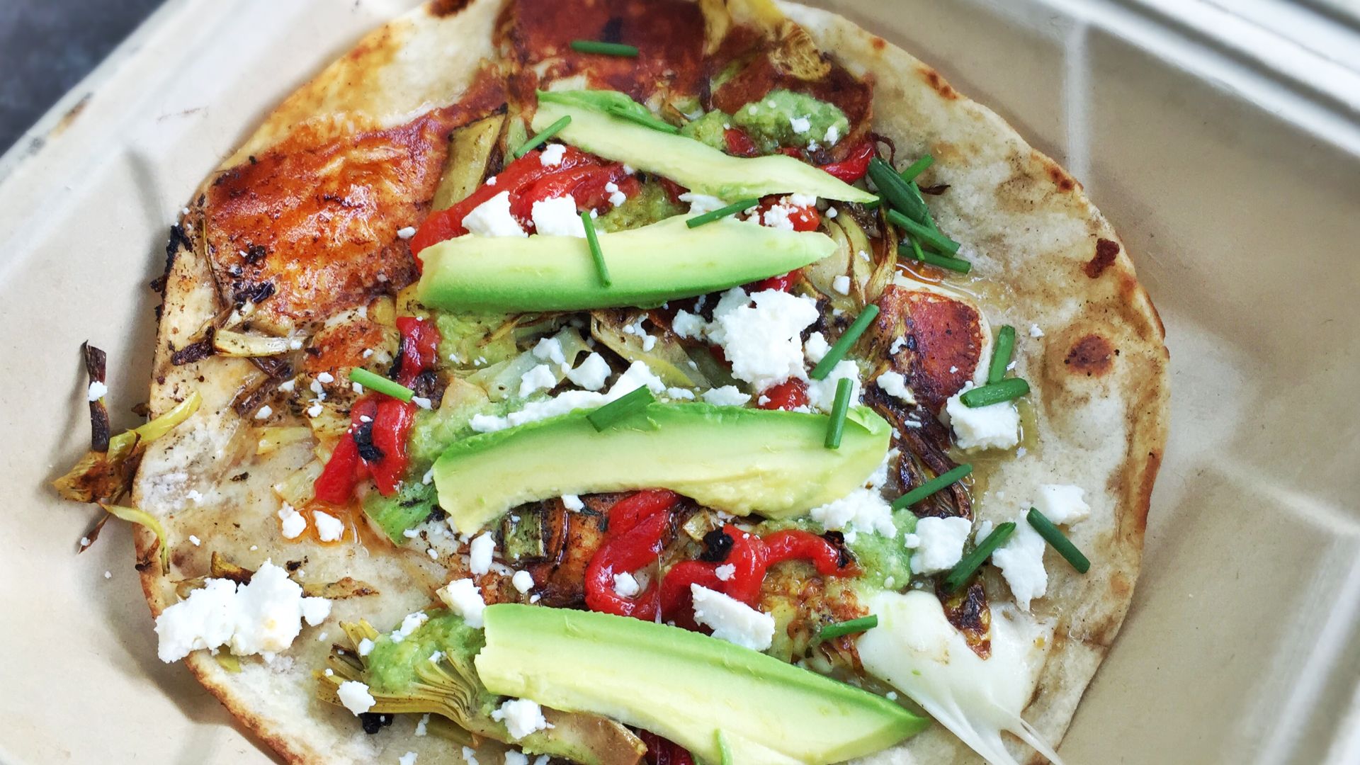 File:Baby Artichoke quesadilla with Oaxacan cheese, queso fresco, raw tomatillo chile, avocado, red pepper escabeche, herbs.jpg