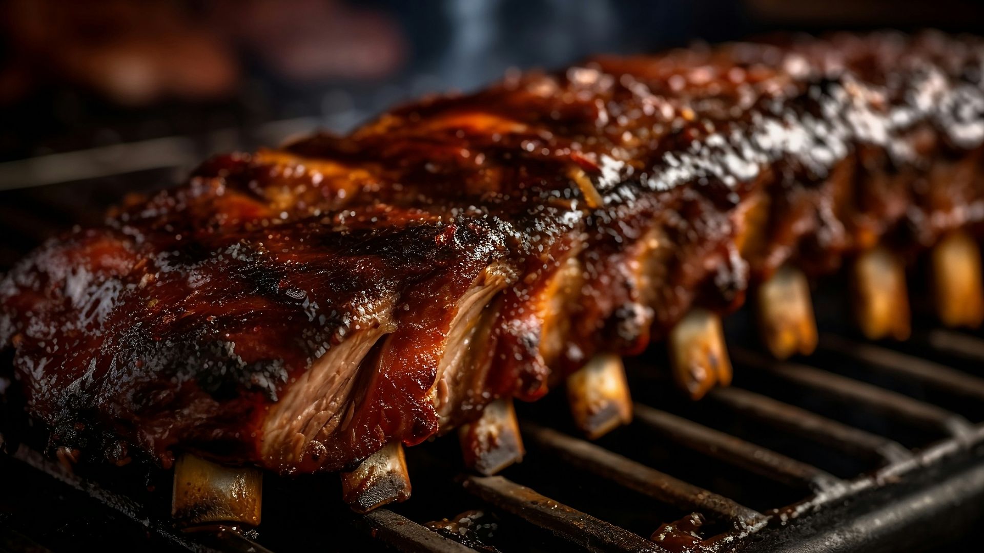 a rack of ribs cooking on a grill