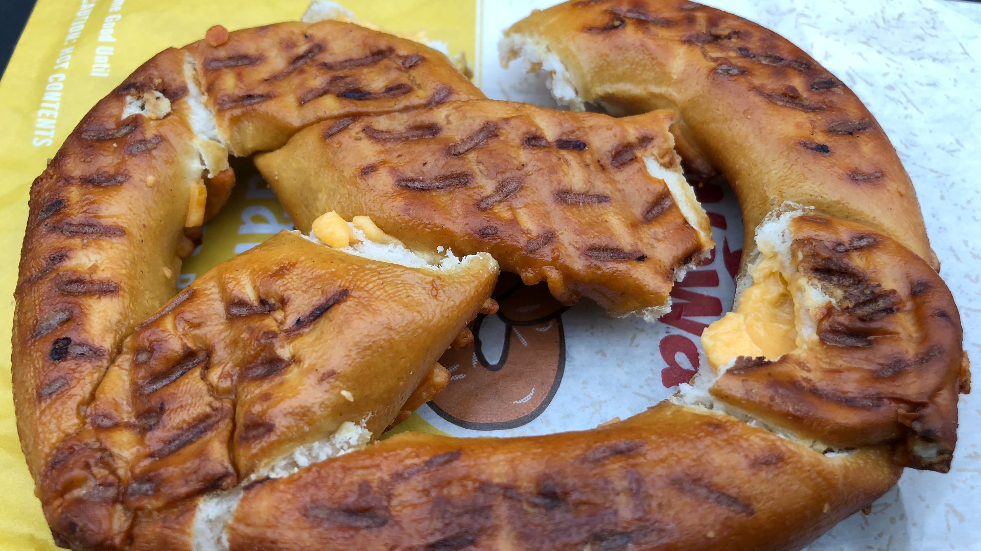 File:2019-01-29 13 05 25 A Wawa cheddar cheese stuffed pretzel broken into several section in Oak Hill, Fairfax County, Virginia.jpg