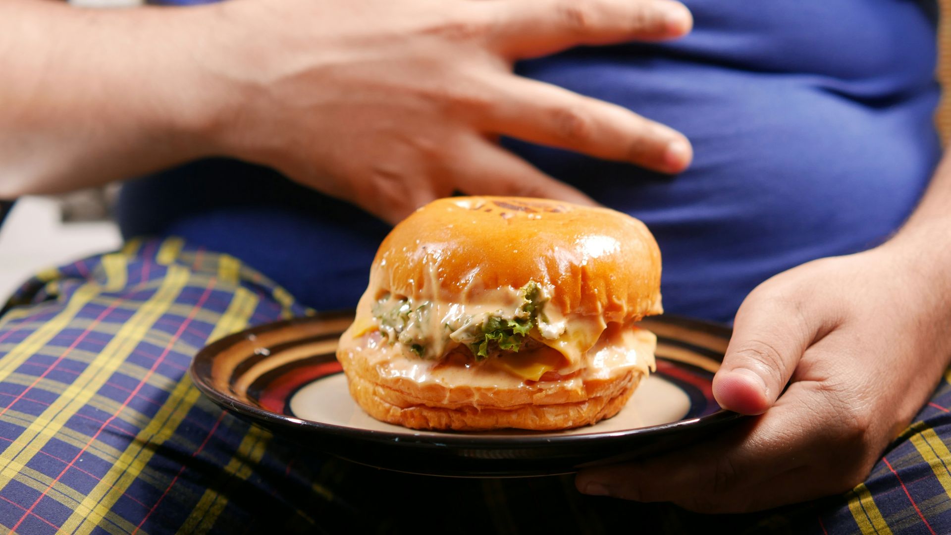 a person holding a plate with a sandwich on it