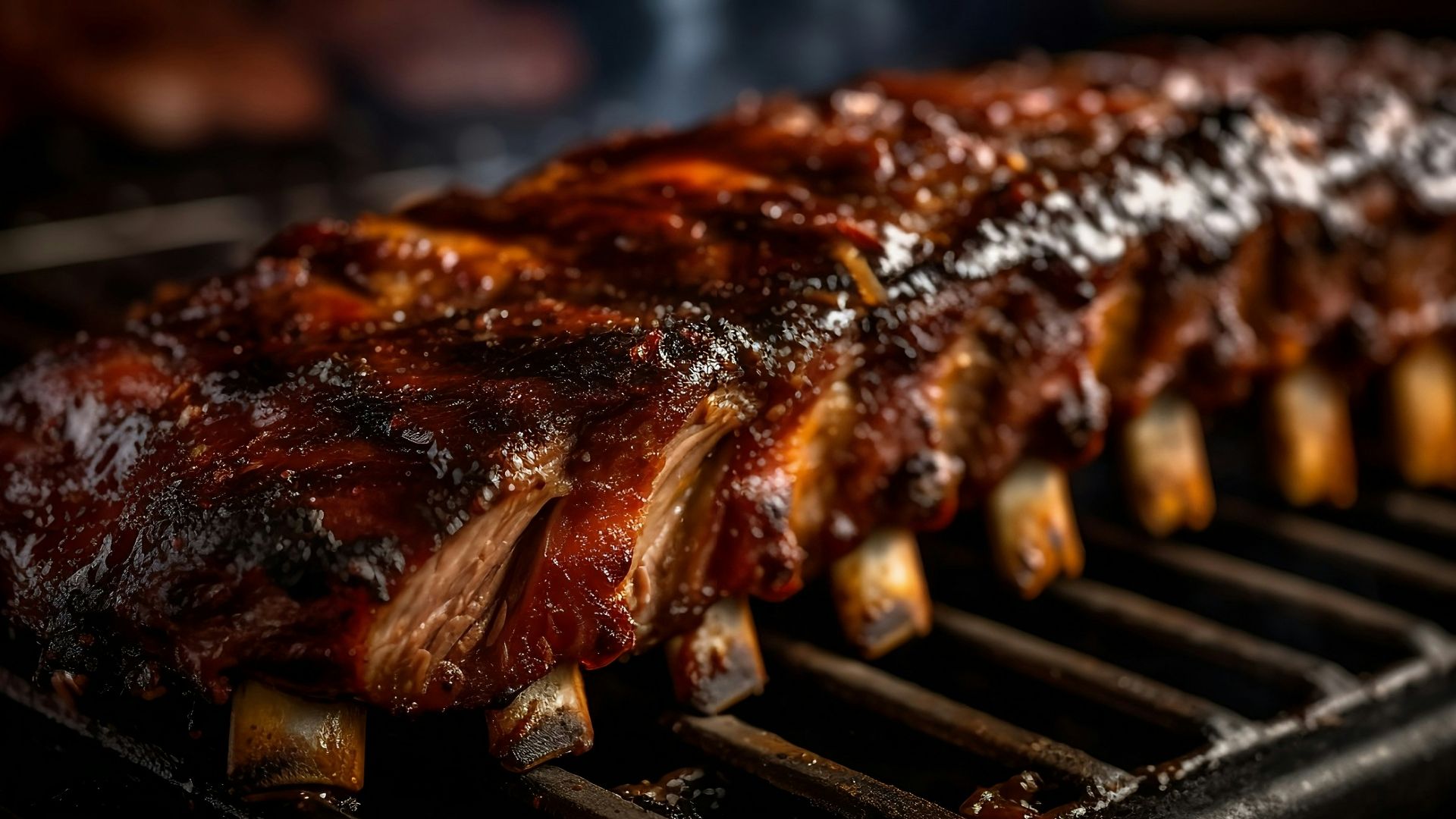 a rack of ribs cooking on a grill