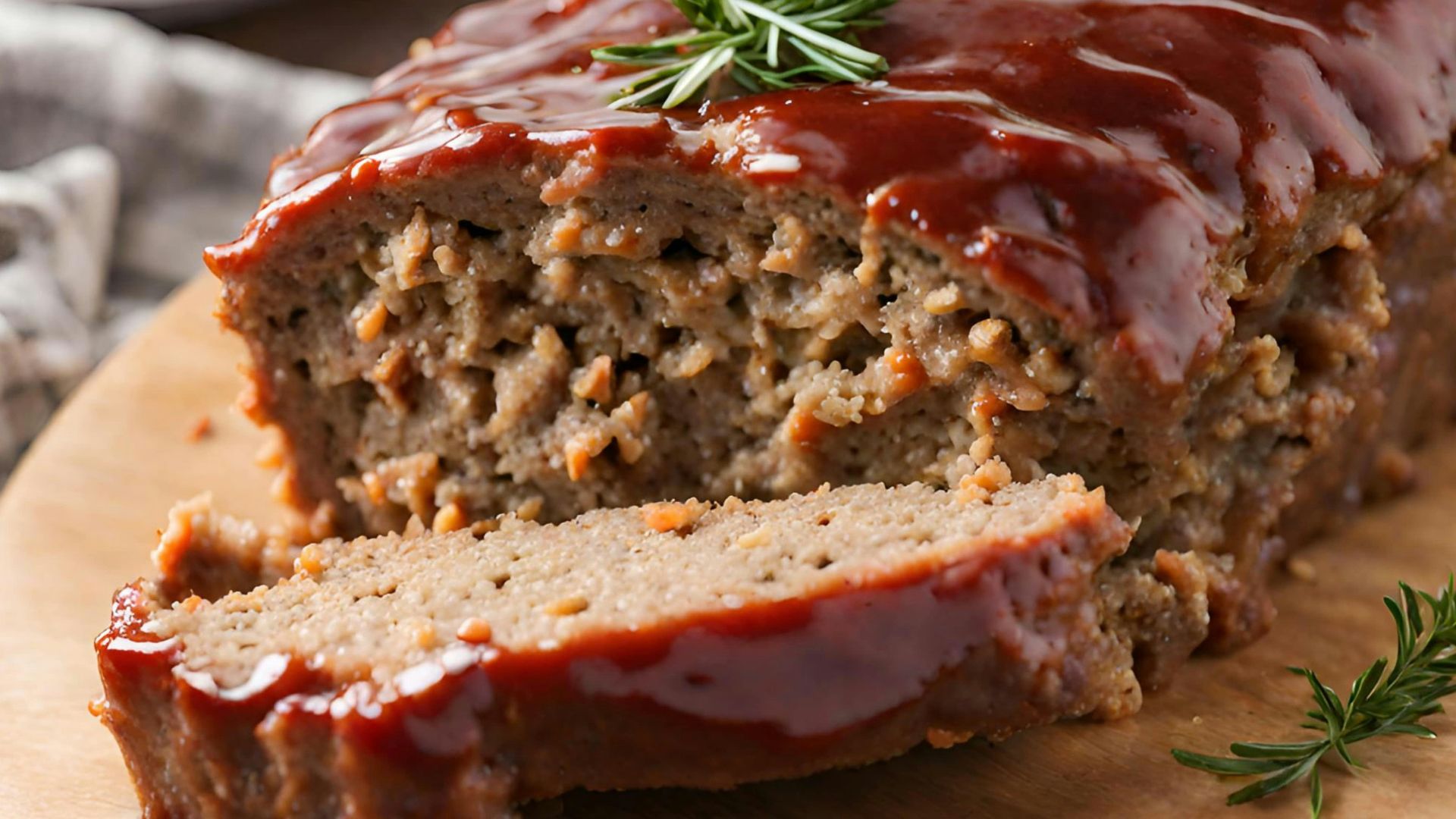 a loaf of meatloaf on a cutting board with a sprig of