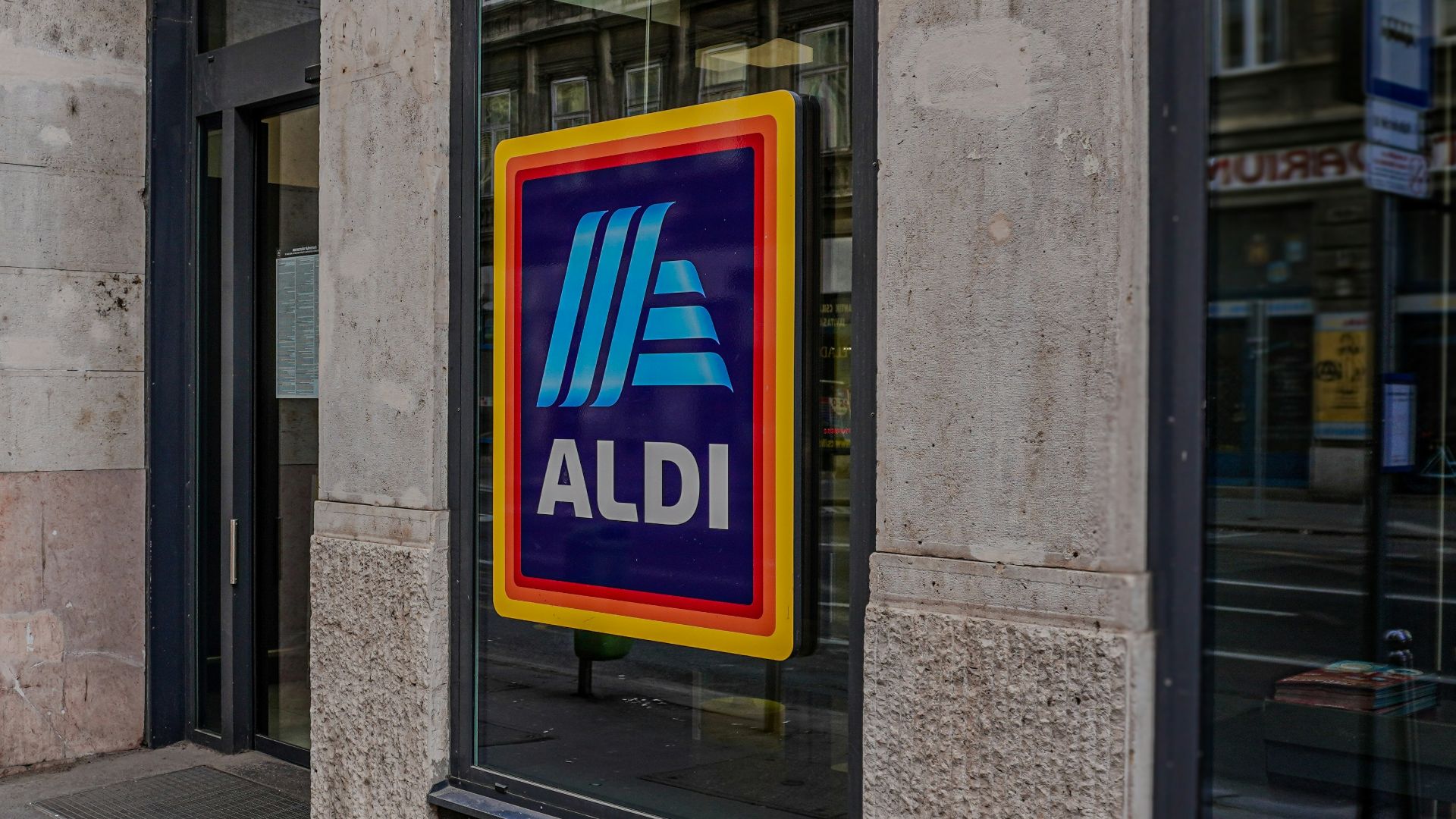 a store front with a large ad on it