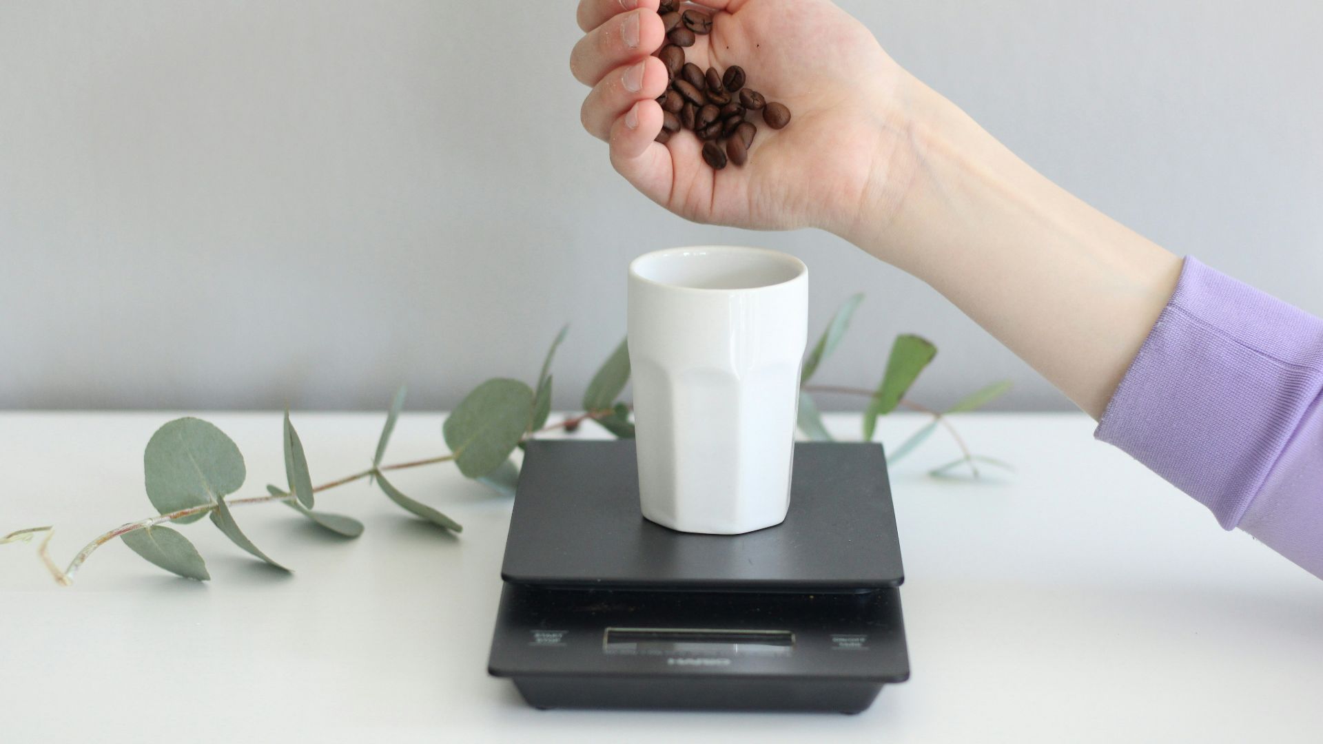 a person holding a handful of coffee beans over a scale