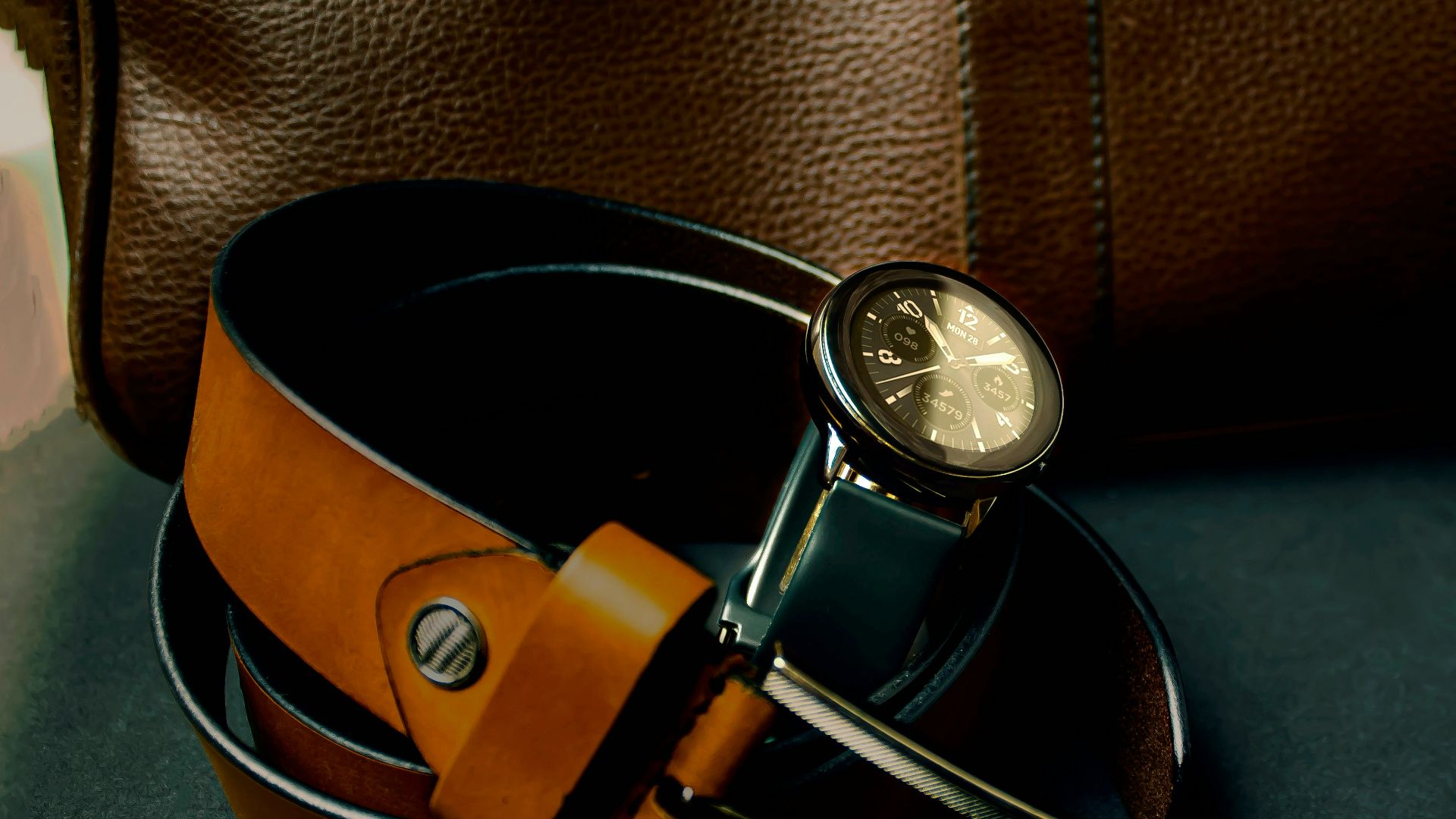 black leather strap silver round analog watch