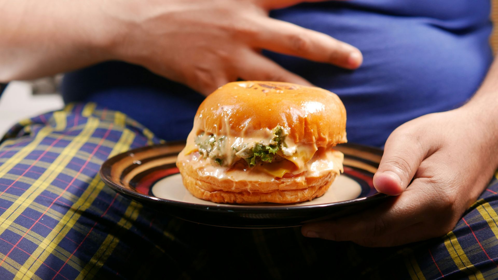 a person holding a plate with a sandwich on it