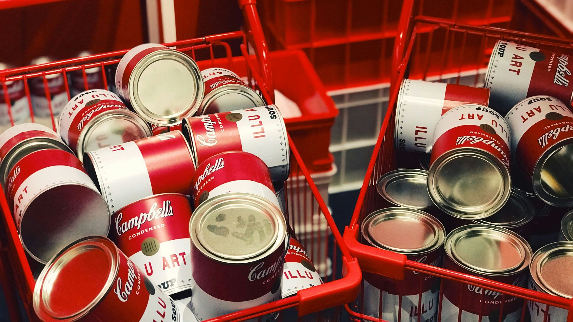 Campbell's can lot on shopping basket