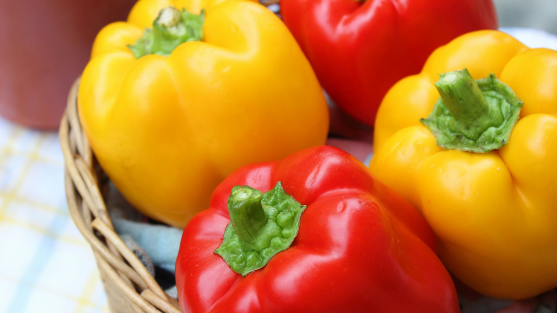 red and yellow bell peppers in brown woven basket