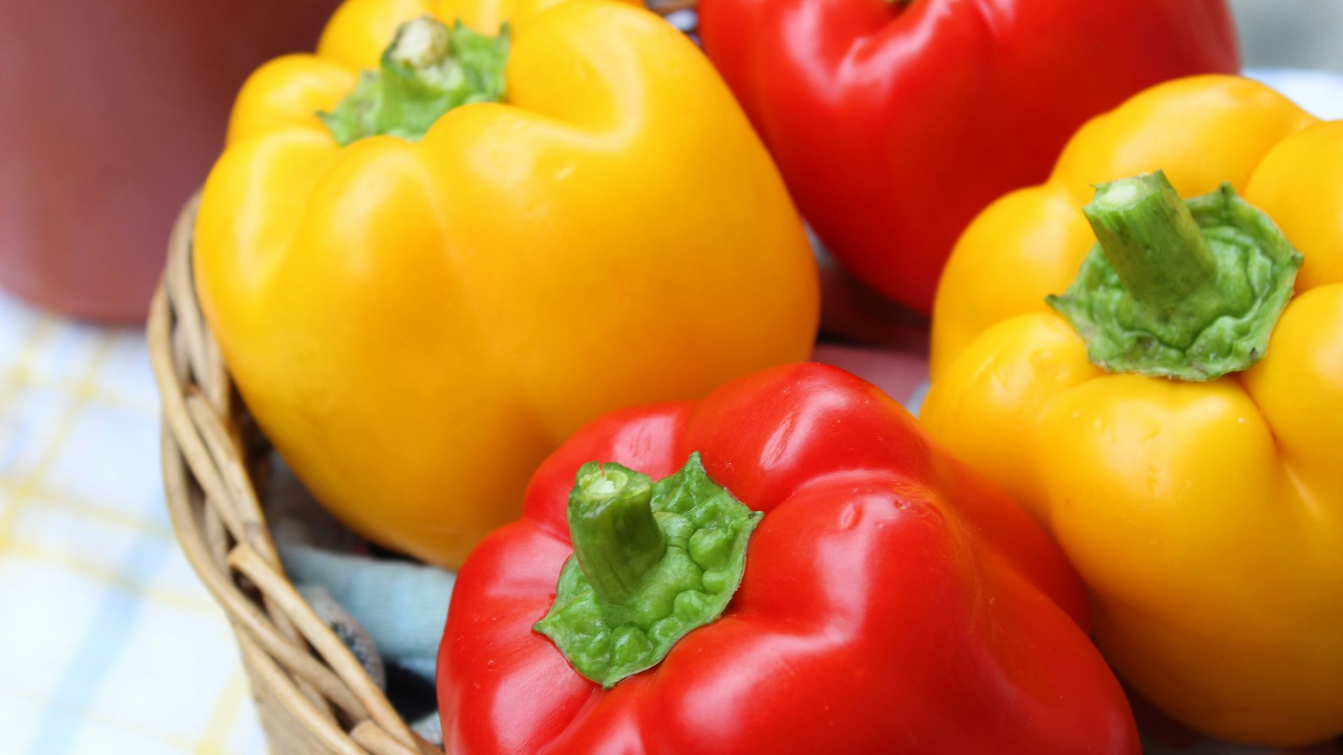 red and yellow bell peppers in brown woven basket