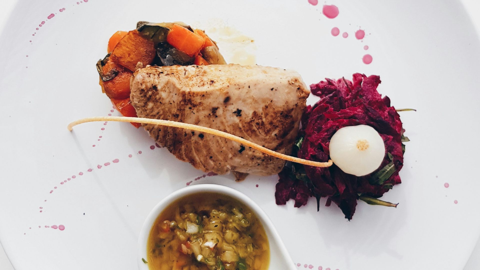 flat-lay photography of cooked meat and sauce platter