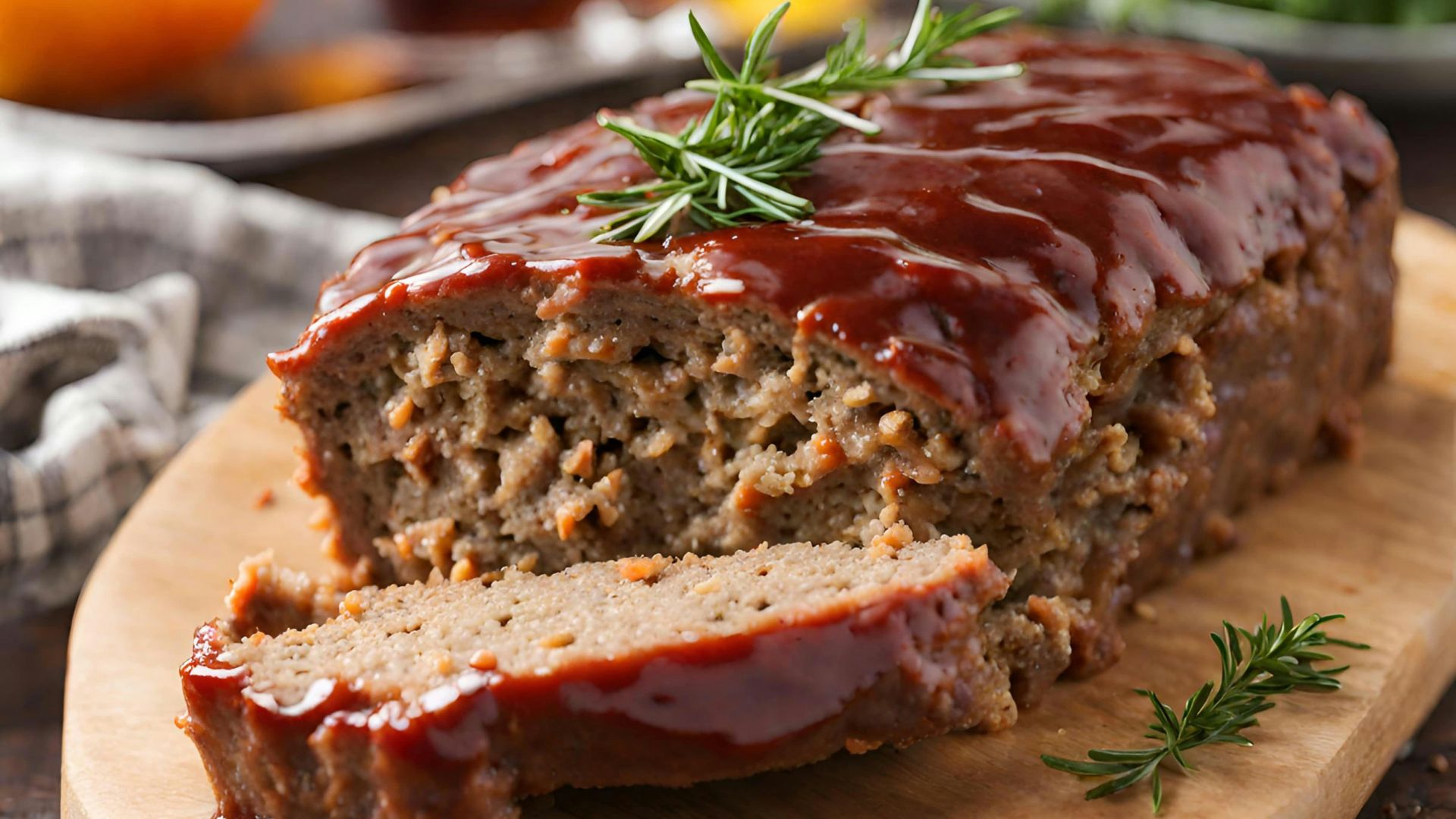 a loaf of meatloaf on a cutting board with a sprig of