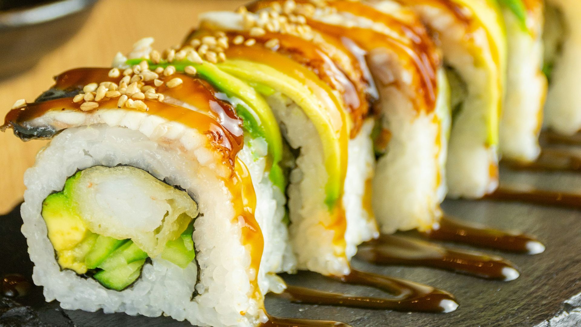 sushi on brown wooden tray