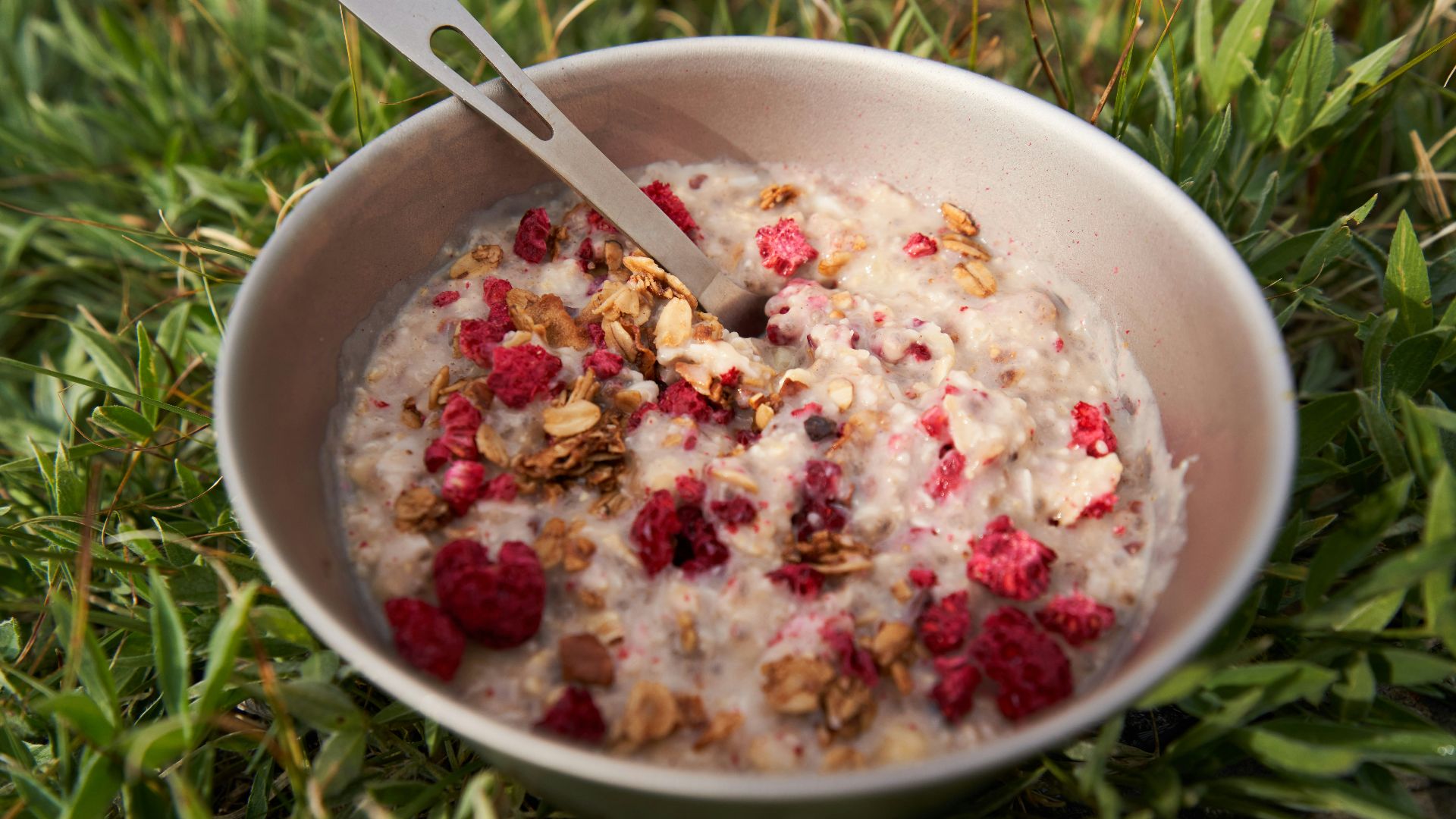 a bowl of oatmeal with raspberries and nuts