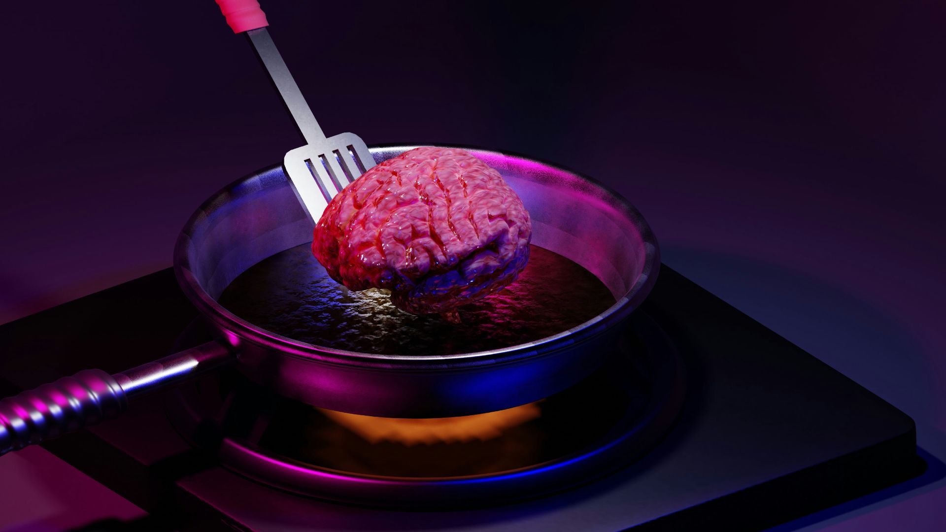 a pink brain in a bowl with a fork in it