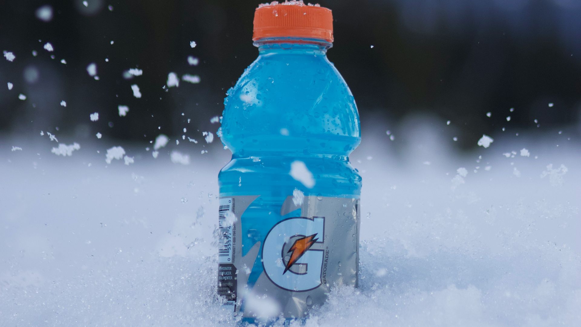 Gatorade bottle sits in the snowy mountains.