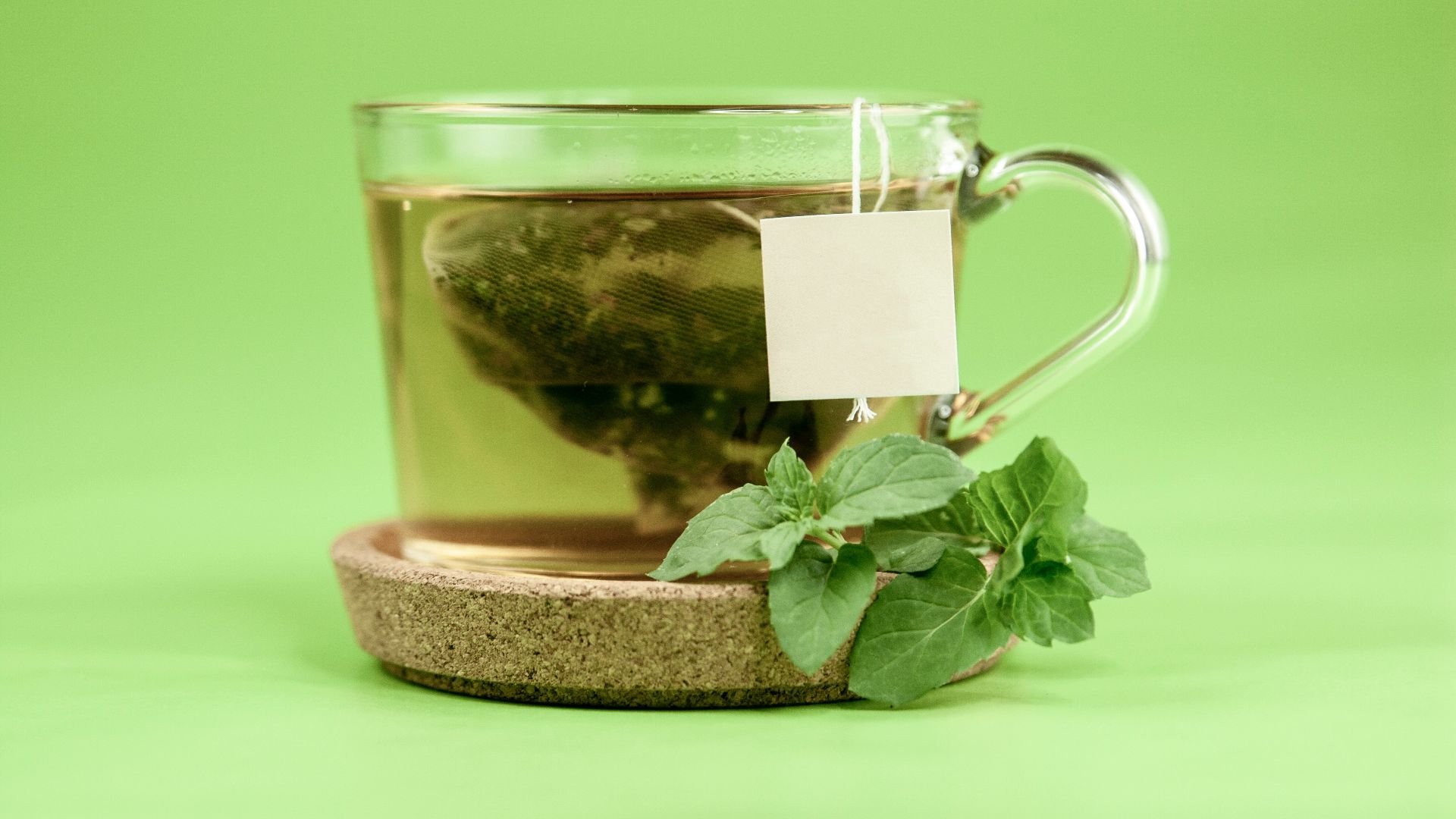 clear glass mug with green leaves