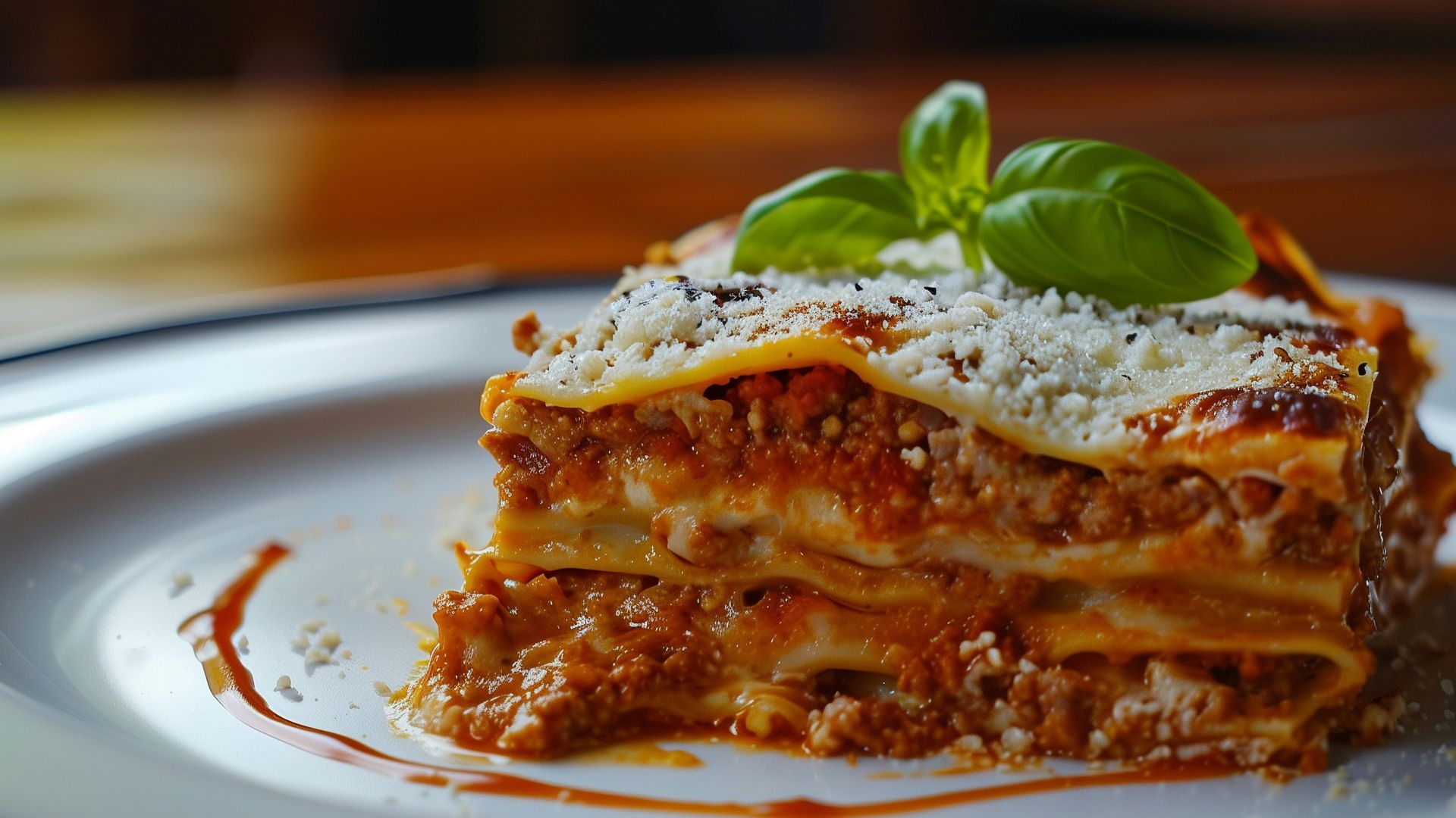 a white plate topped with lasagna covered in sauce