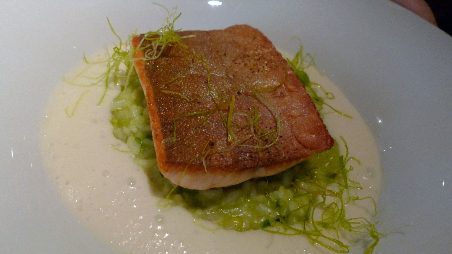File:Yukon Arctic Char, english and snap pea, leek and chive risotto with Vancouver Island octopus, organic olive oil and potato foam (5895313685).jpg