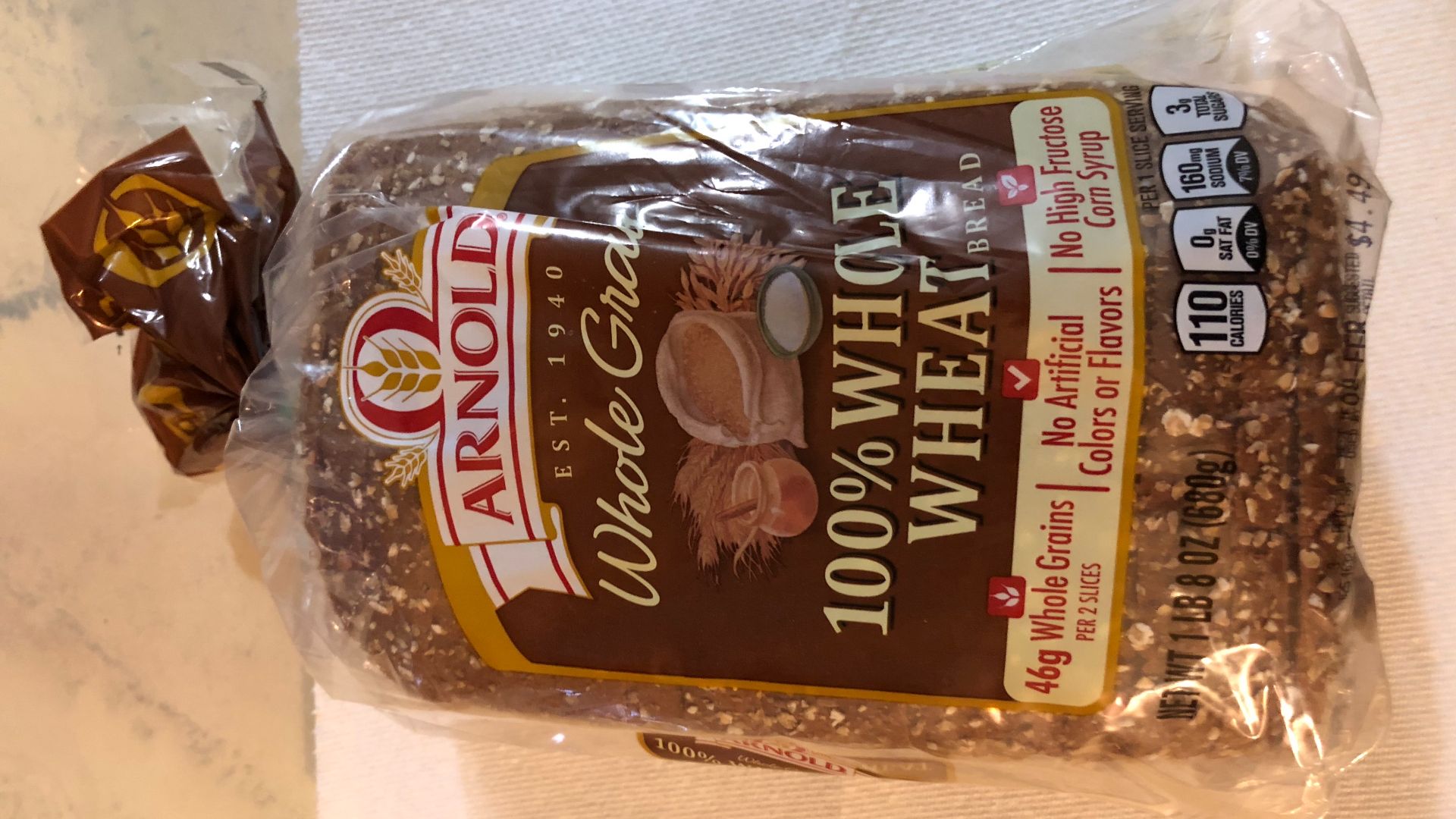 File:2019-02-06 21 03 30 A loaf of Arnold Whole Grain 100% Wheat Bread still in its packaging in Dunn Loring, Fairfax County, Virginia.jpg