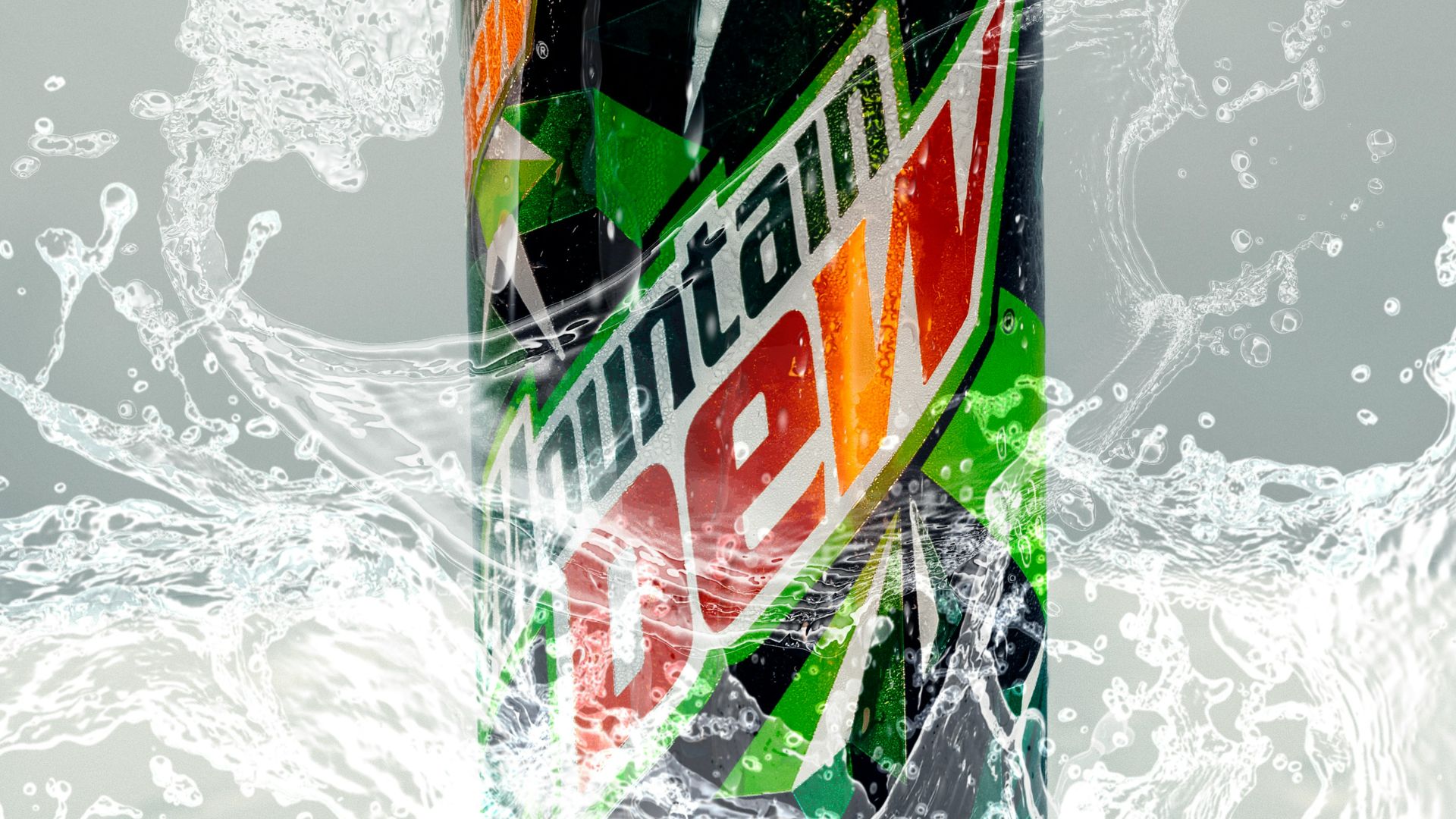 a can of mountain dew surrounded by water