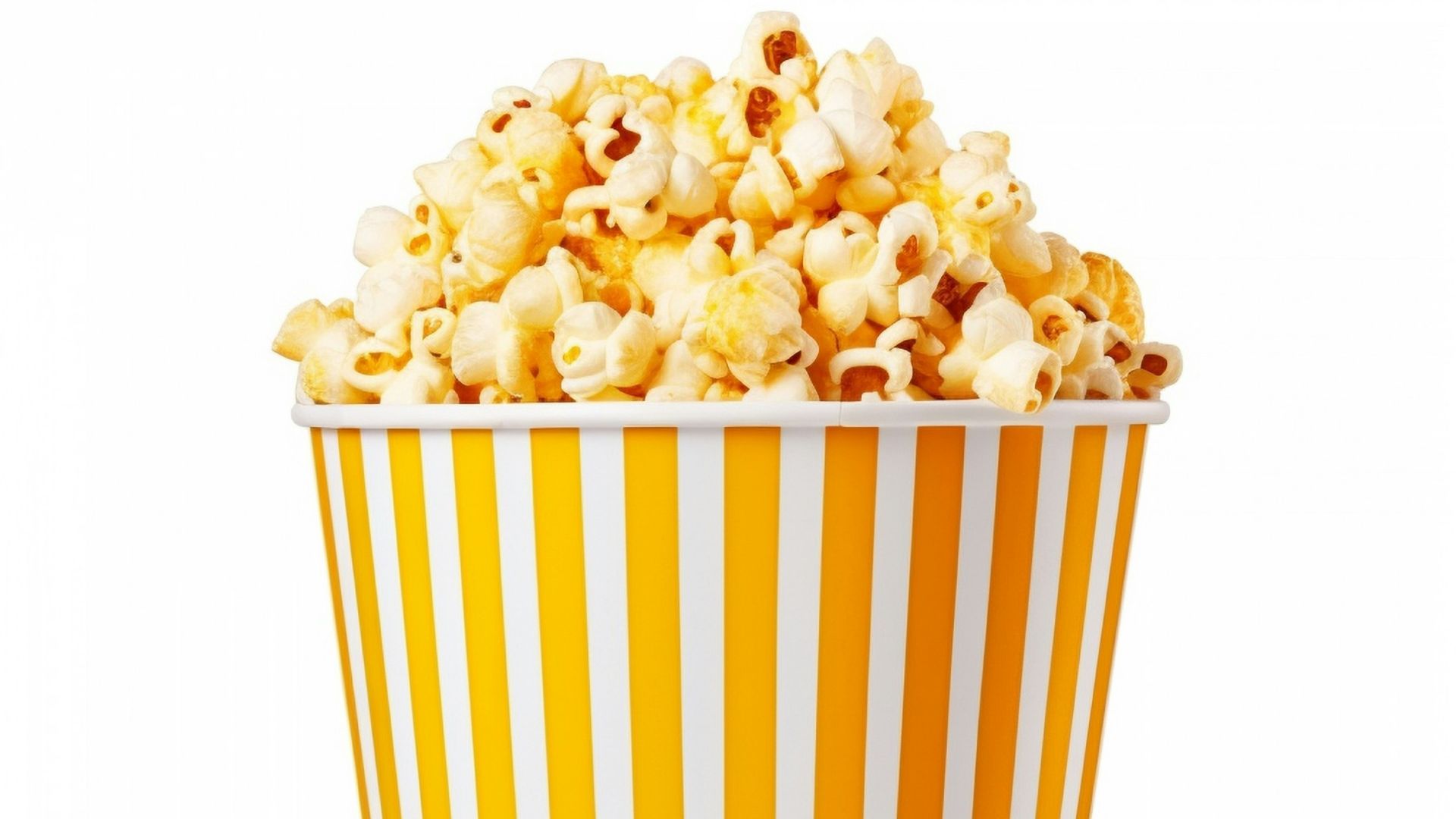a yellow and white striped cup filled with popcorn