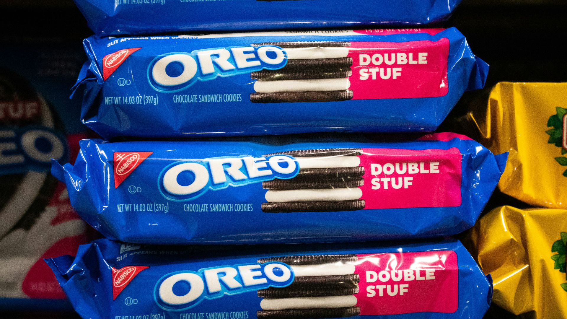 Stack of oreo double stuf packages on display.