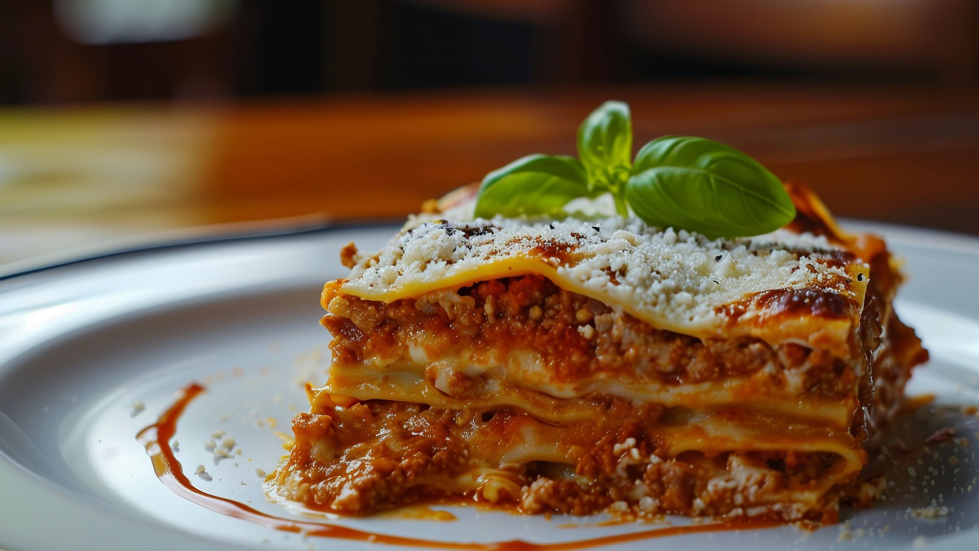 a white plate topped with lasagna covered in sauce