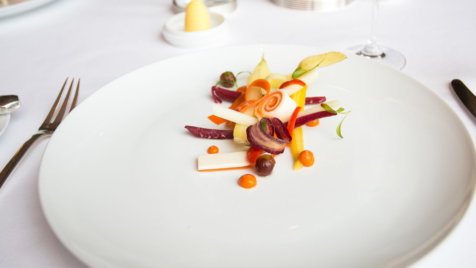 File:Course -2 Salad of Hawaiian Hearts of Peach Palm Hadley Orchards' Medjool Dates, Jingle Bell Peppers, Sweet Carrots, Cilantro and