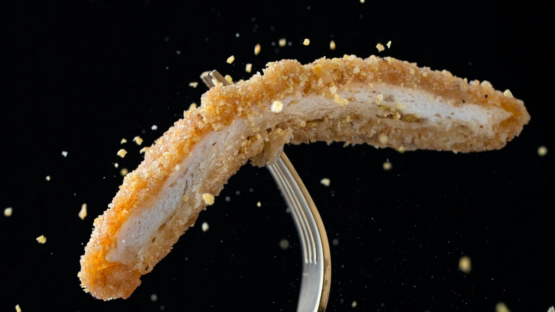 stainless steel fork with sliced breaded meat