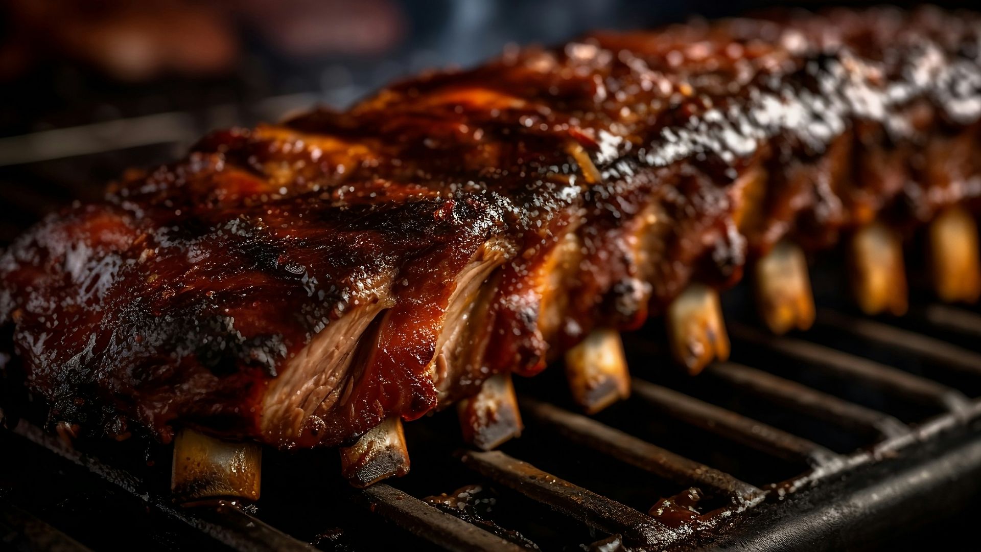 a rack of ribs cooking on a grill