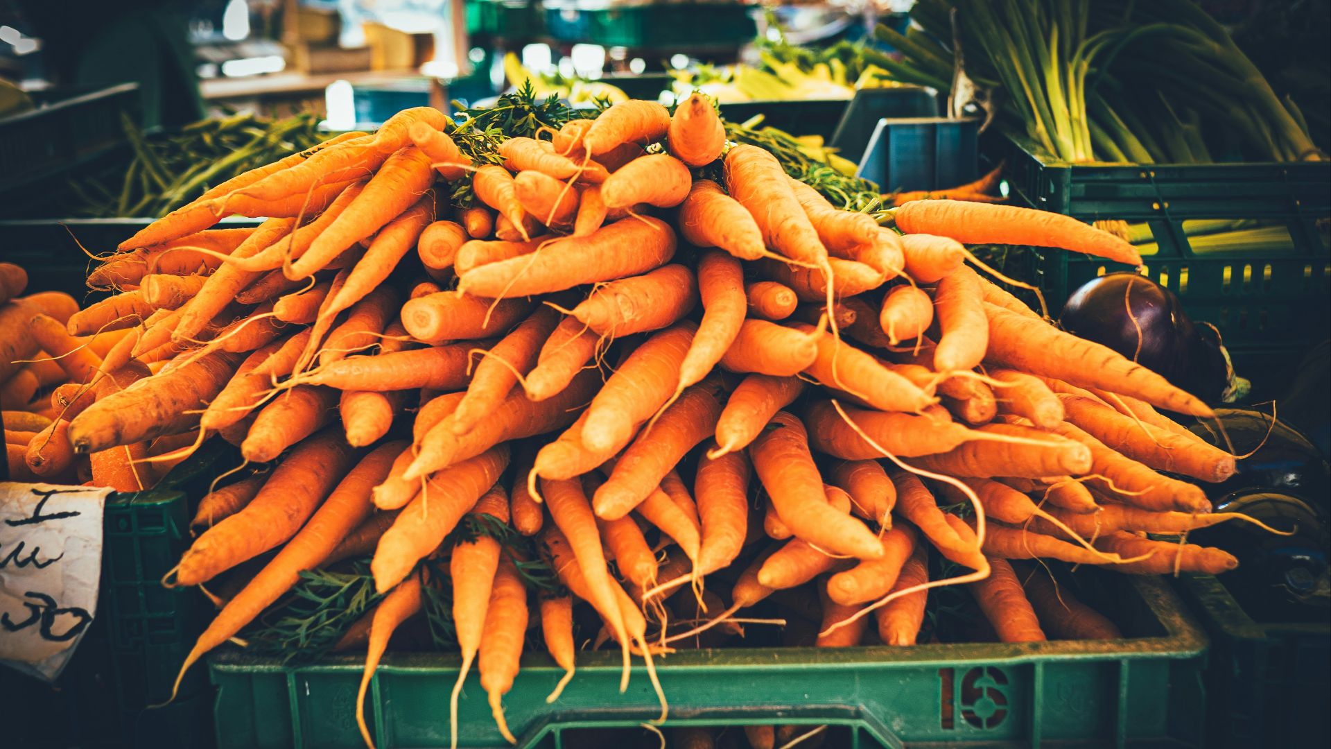 a pile of carrots sitting on top of a green crate