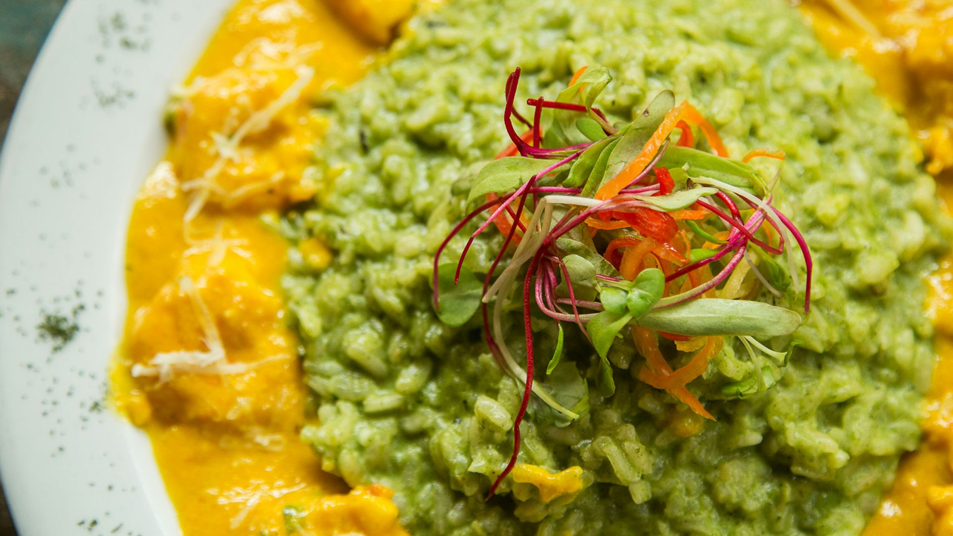 plate of green and yellow sauce